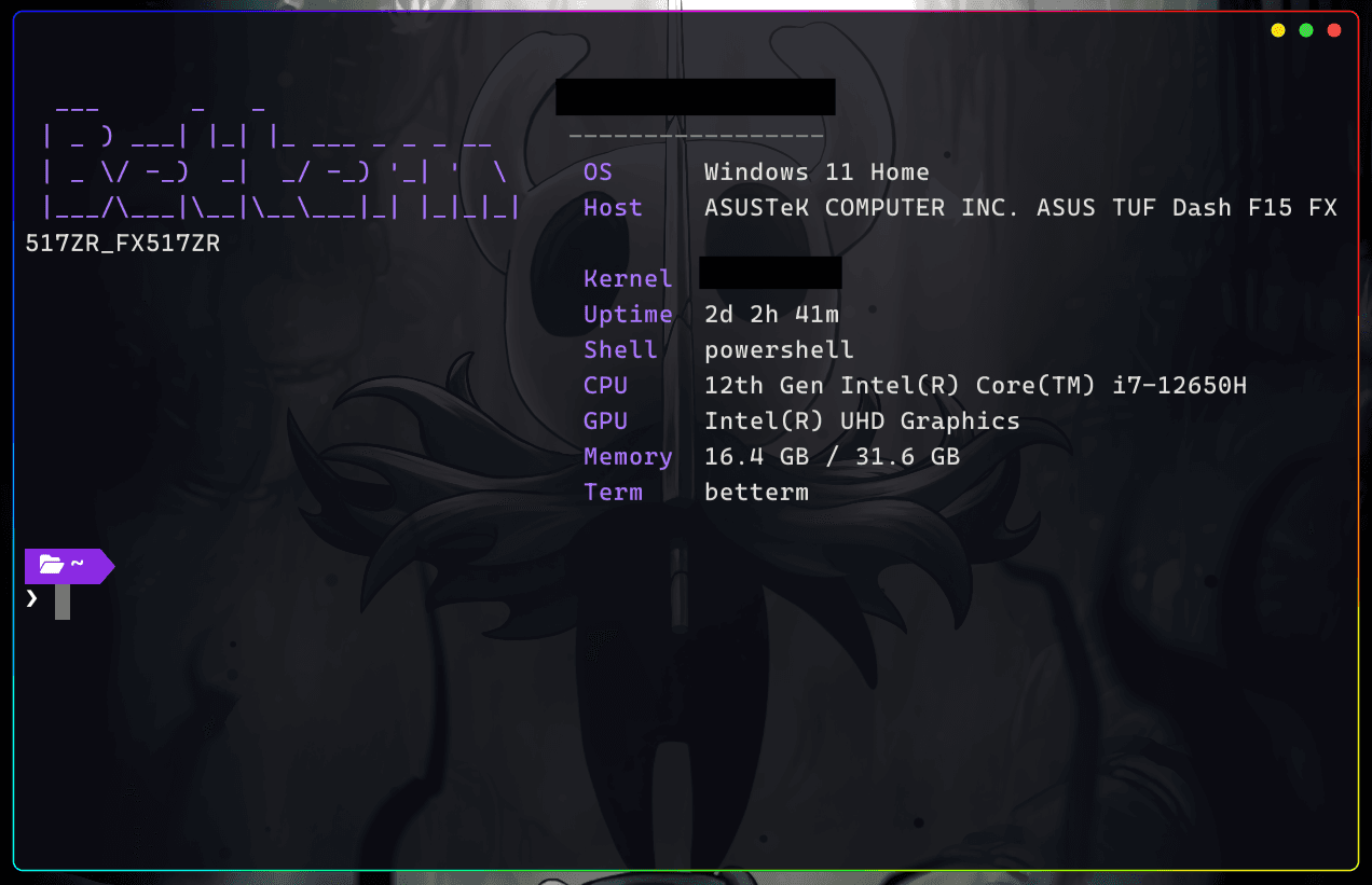 BetTerm running on Windows, showing a system fetch over a blurred background